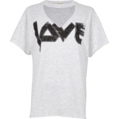Grey &#39;love&#39; print choker neck t-shirt